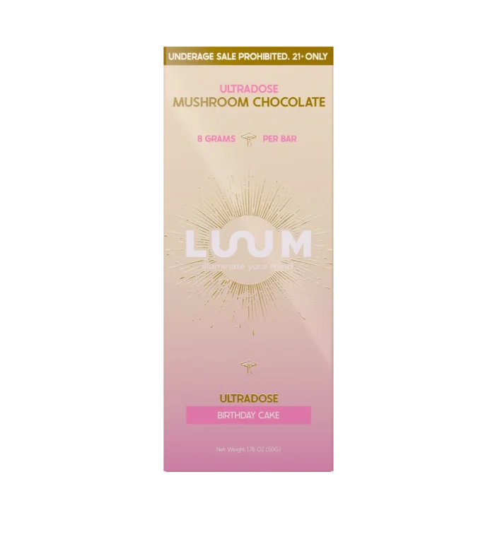 LUUM Birthday Cake Ultradose Mushroom Chocolate bar packaging