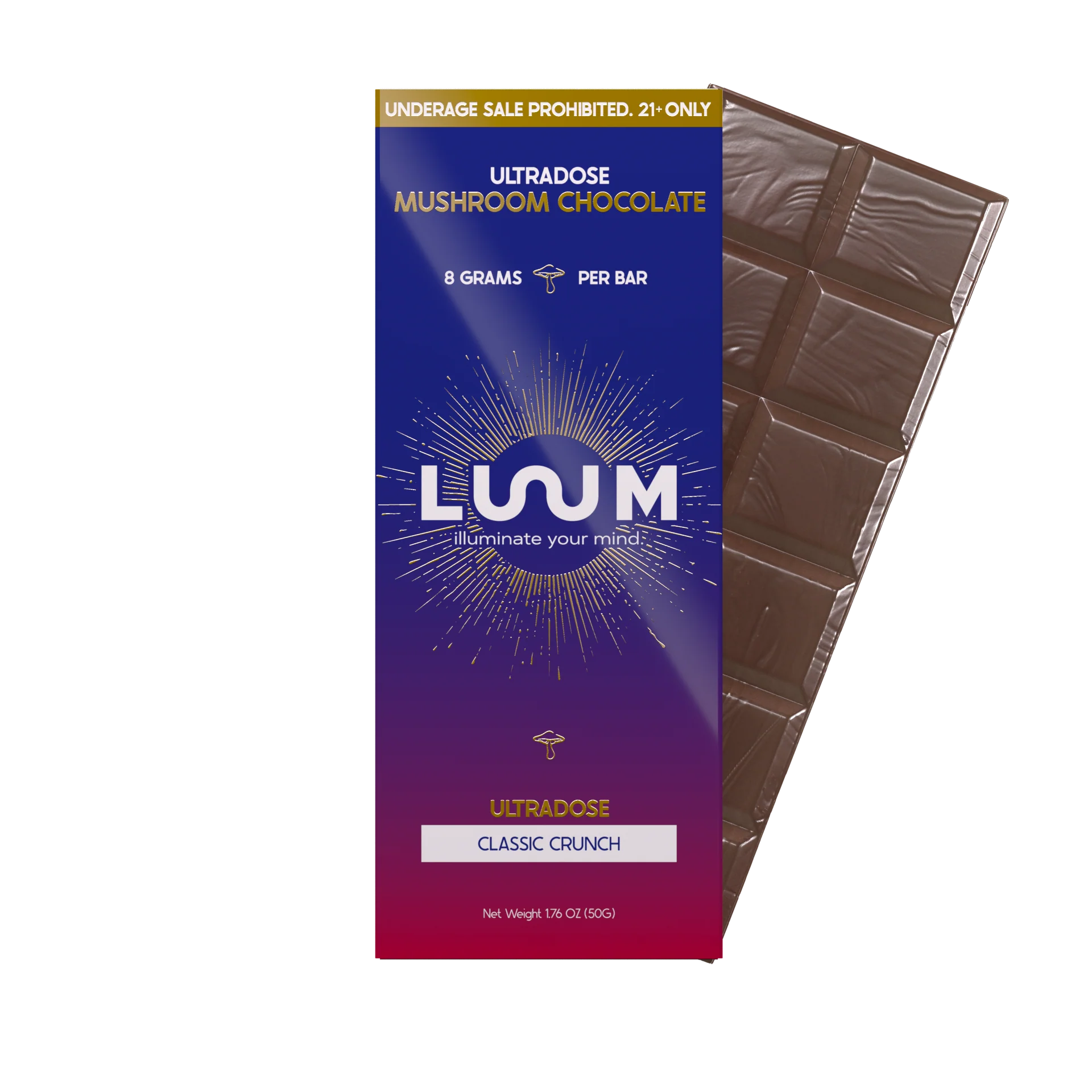LUUM Classic Crunch mushroom chocolate package with segmented chocolate bar