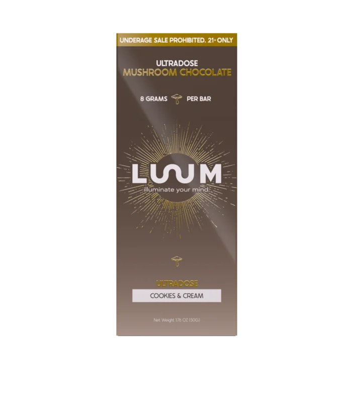 LUUM Cookies & Cream Ultradose Mushroom Chocolate bar packaging
