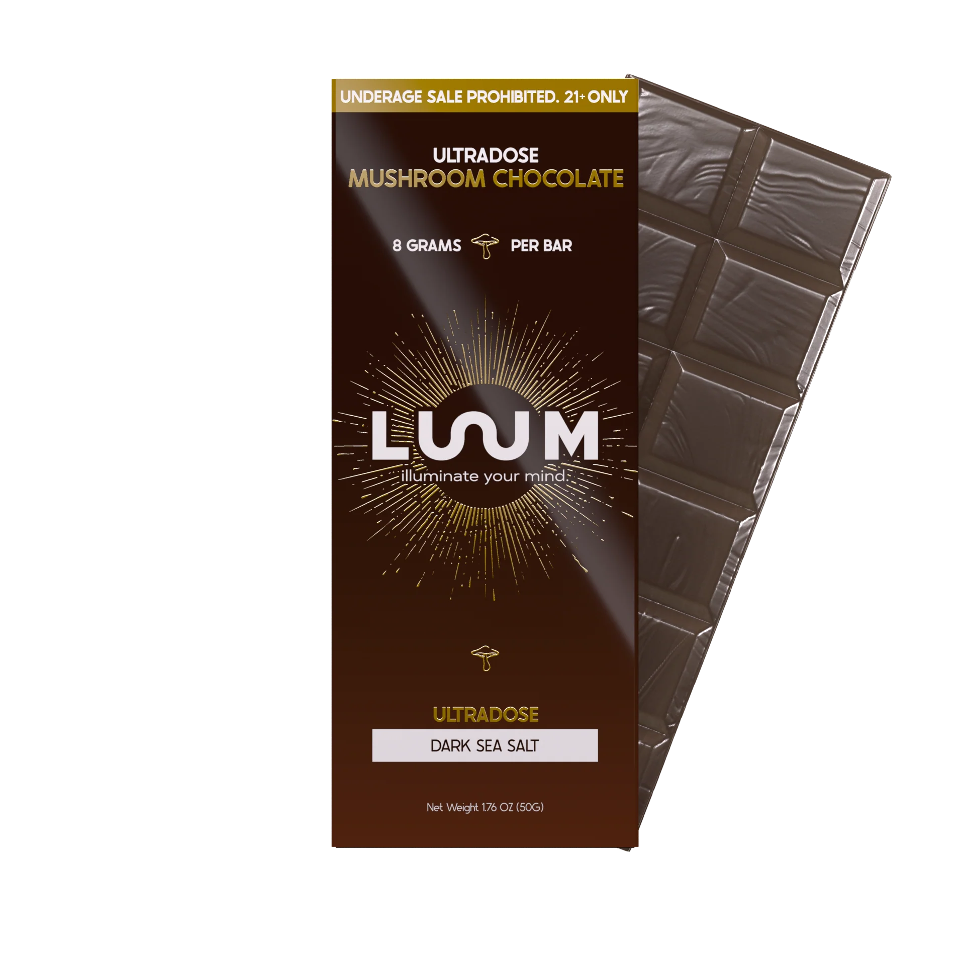 LUUM Dark Sea Salt mushroom chocolate package with segmented dark chocolate bar