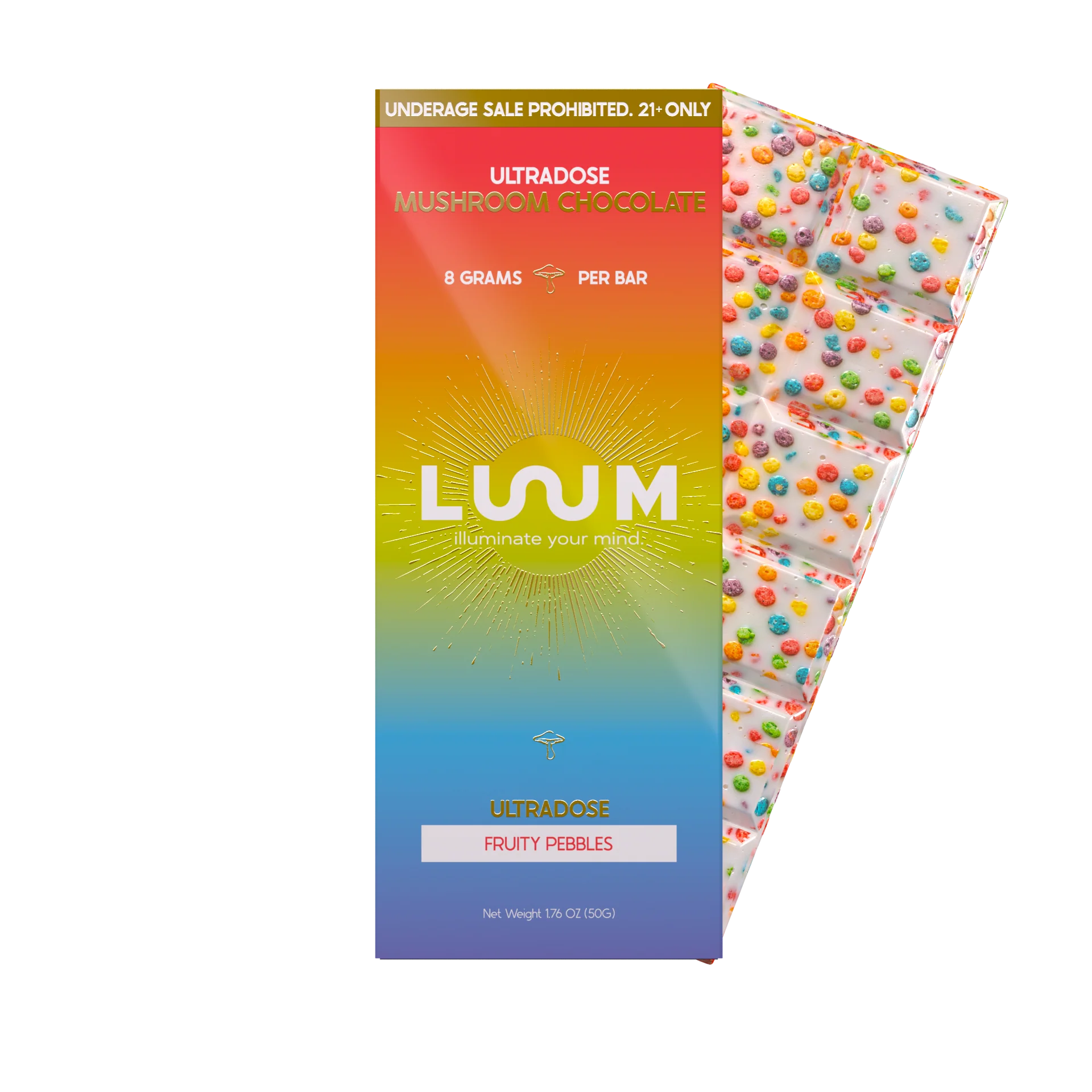 LUUM Fruity Pebbles mushroom chocolate with white chocolate and colorful cereal pieces