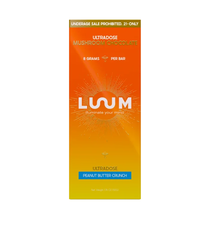 LUUM Peanut Butter Crunch Ultradose Mushroom Chocolate bar packaging
