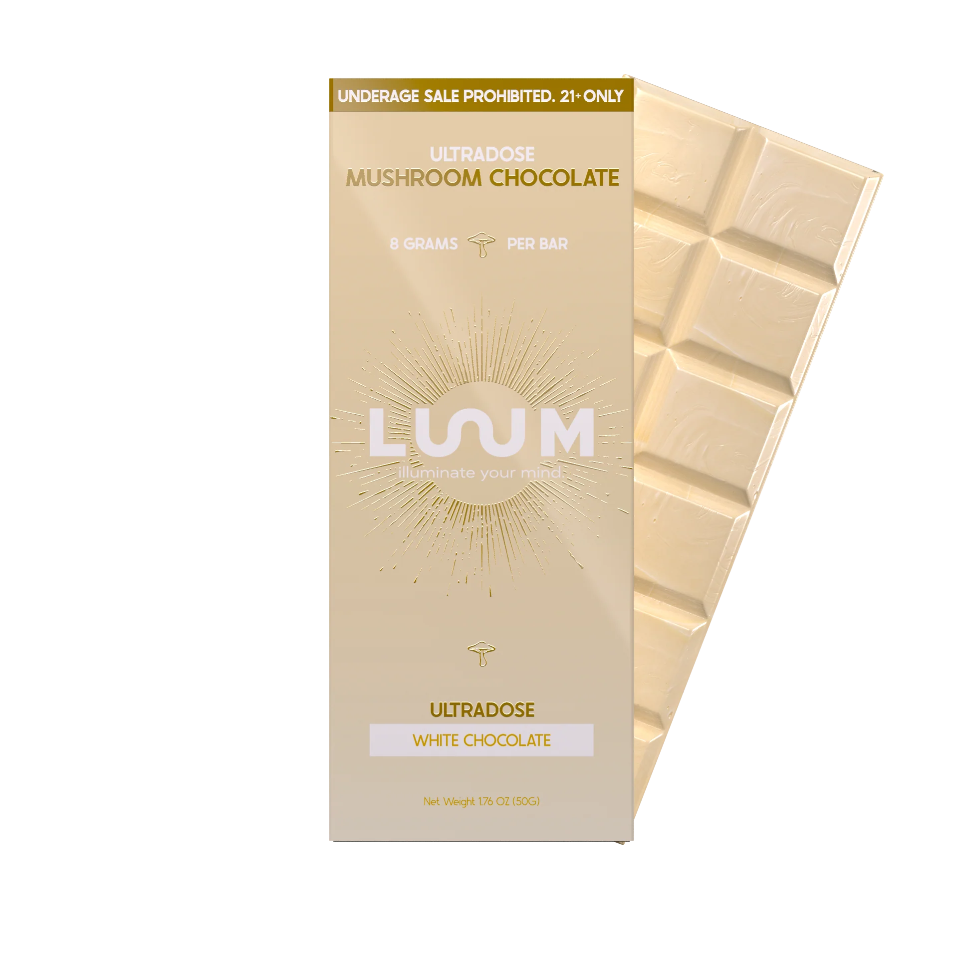 LUUM White Chocolate mushroom chocolate package with segmented white chocolate bar